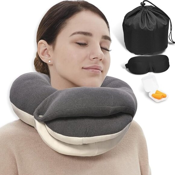 BUYUE Gray Travel Neck Pillow Set with eye mask & earplugs - Picture 1 of 9